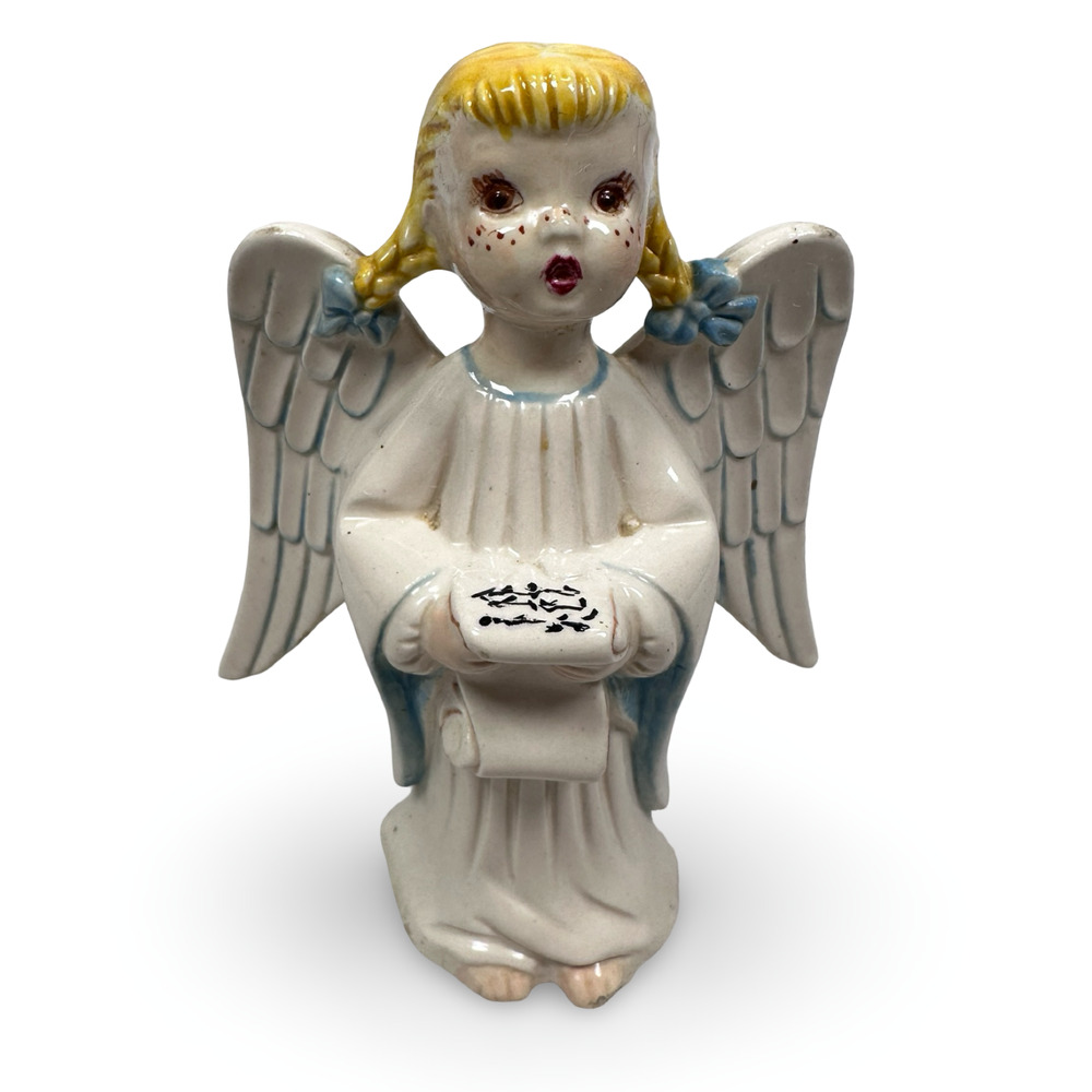 Vintage Bea’s Kiln Angel Holding Scroll Figurine 4.5" White Wings Blond Braids